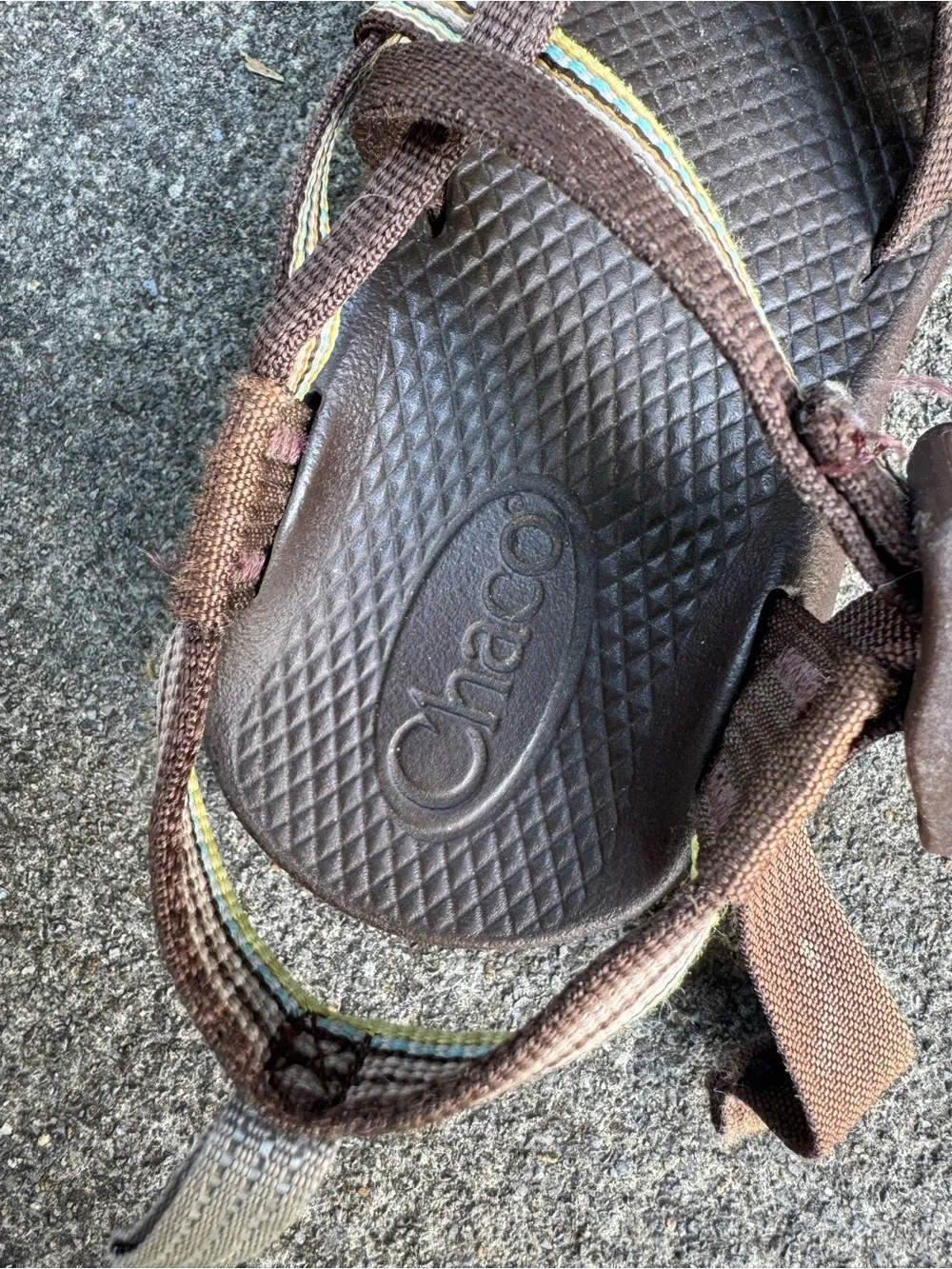 Chaco Kids Brown Sandals with Yellow and Green Stripe Size 1 No Toe Strap